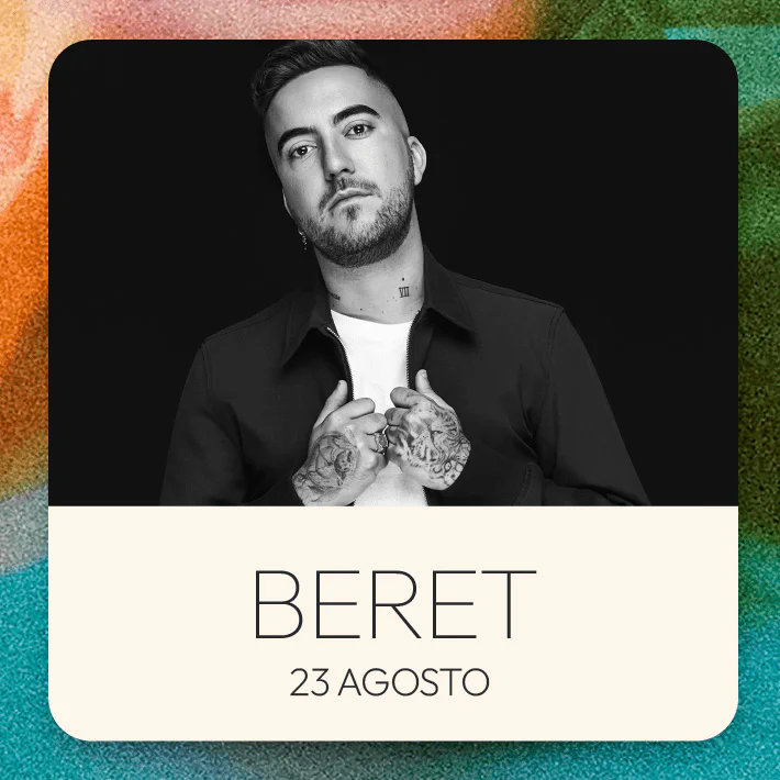 Black-and-white portrait of a tattooed man in a black shirt, hands at his collar, on a poster reading BERET and 23 AGOSTO.