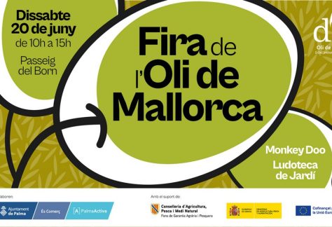 Poster for Fira de l'Oli de Mallorca olive oil fair on Mallorca; date Saturday June 20, 10:00–15:00 at Passeig del Born; bottom logos visible.