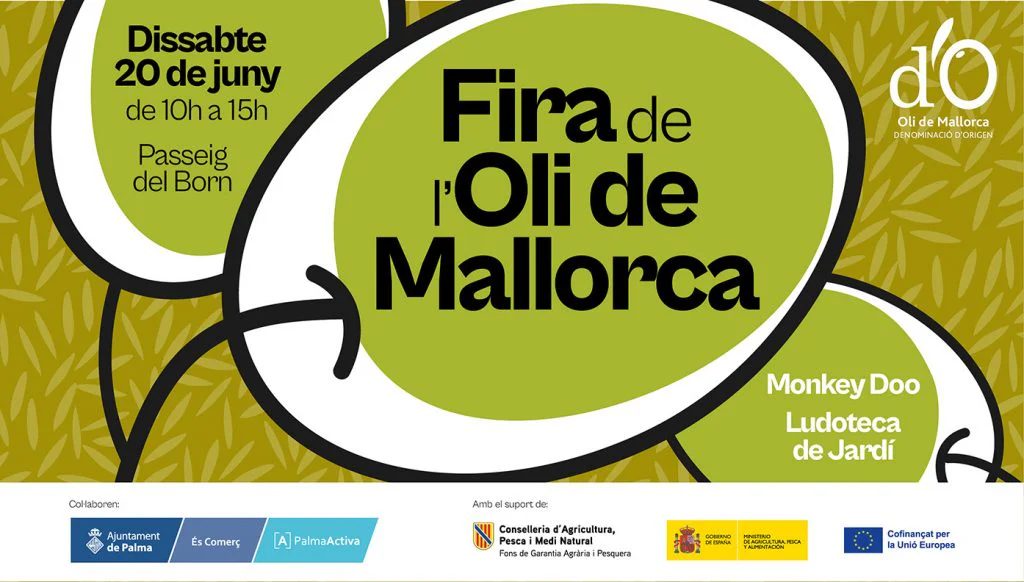 Poster for Fira de l'Oli de Mallorca olive oil fair on Mallorca; date Saturday June 20, 10:00–15:00 at Passeig del Born; bottom logos visible.